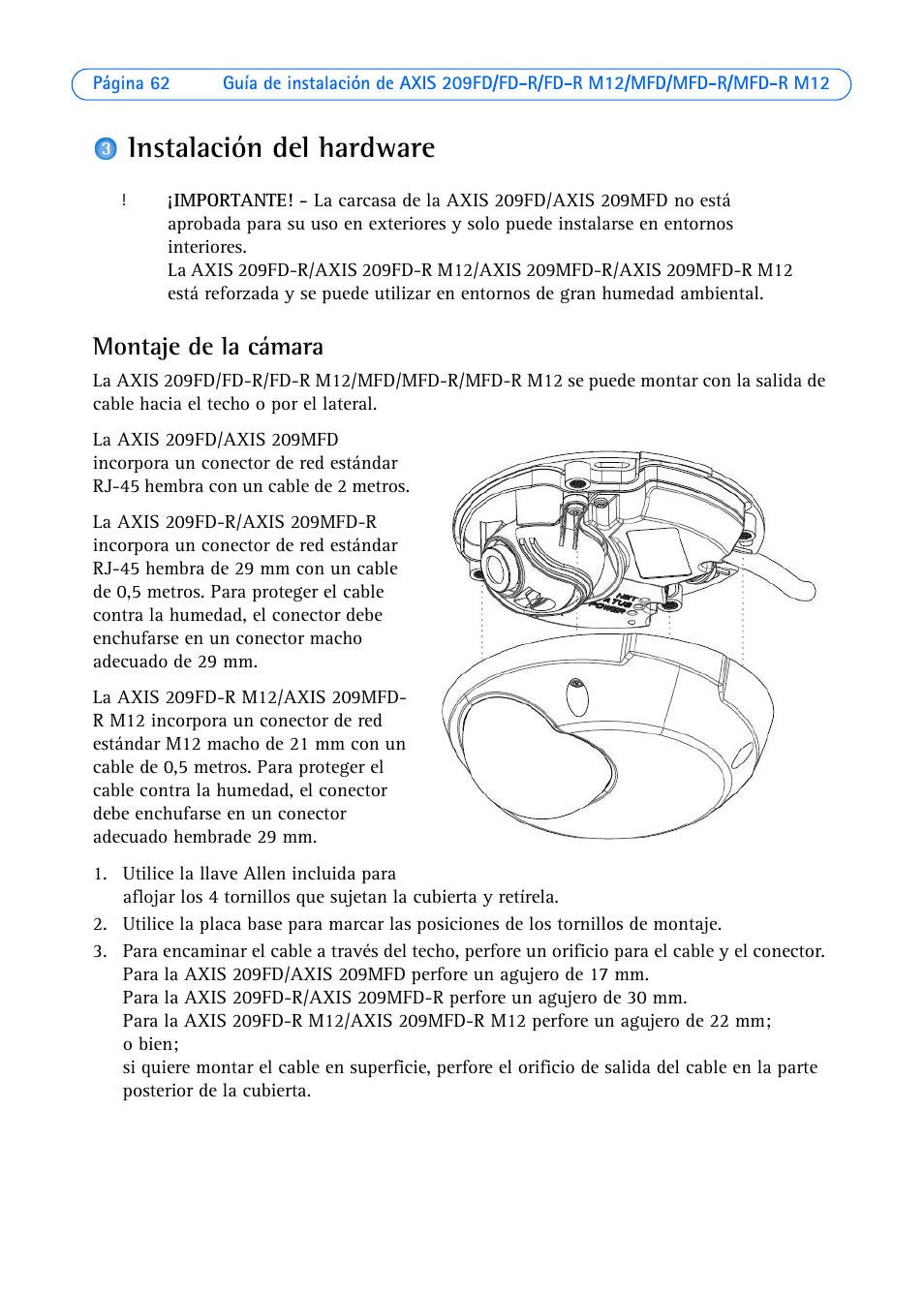 Instalación del hardware, Montaje de la cámara | Axis Communications AXIS MFD-R M12 User Manual | Page 62 / 75