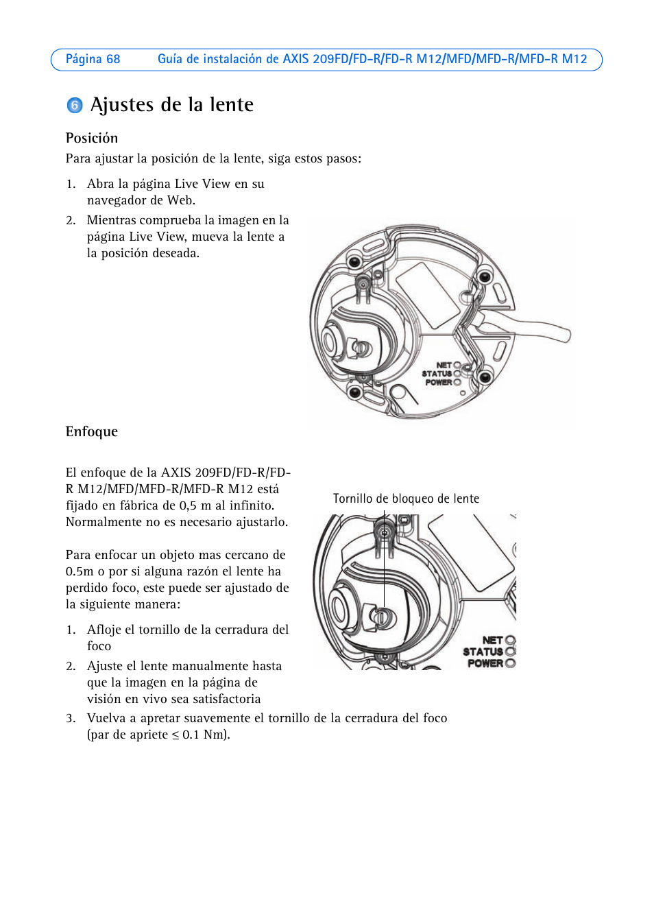 Ajustes de la lente | Axis Communications AXIS MFD-R M12 User Manual | Page 68 / 75