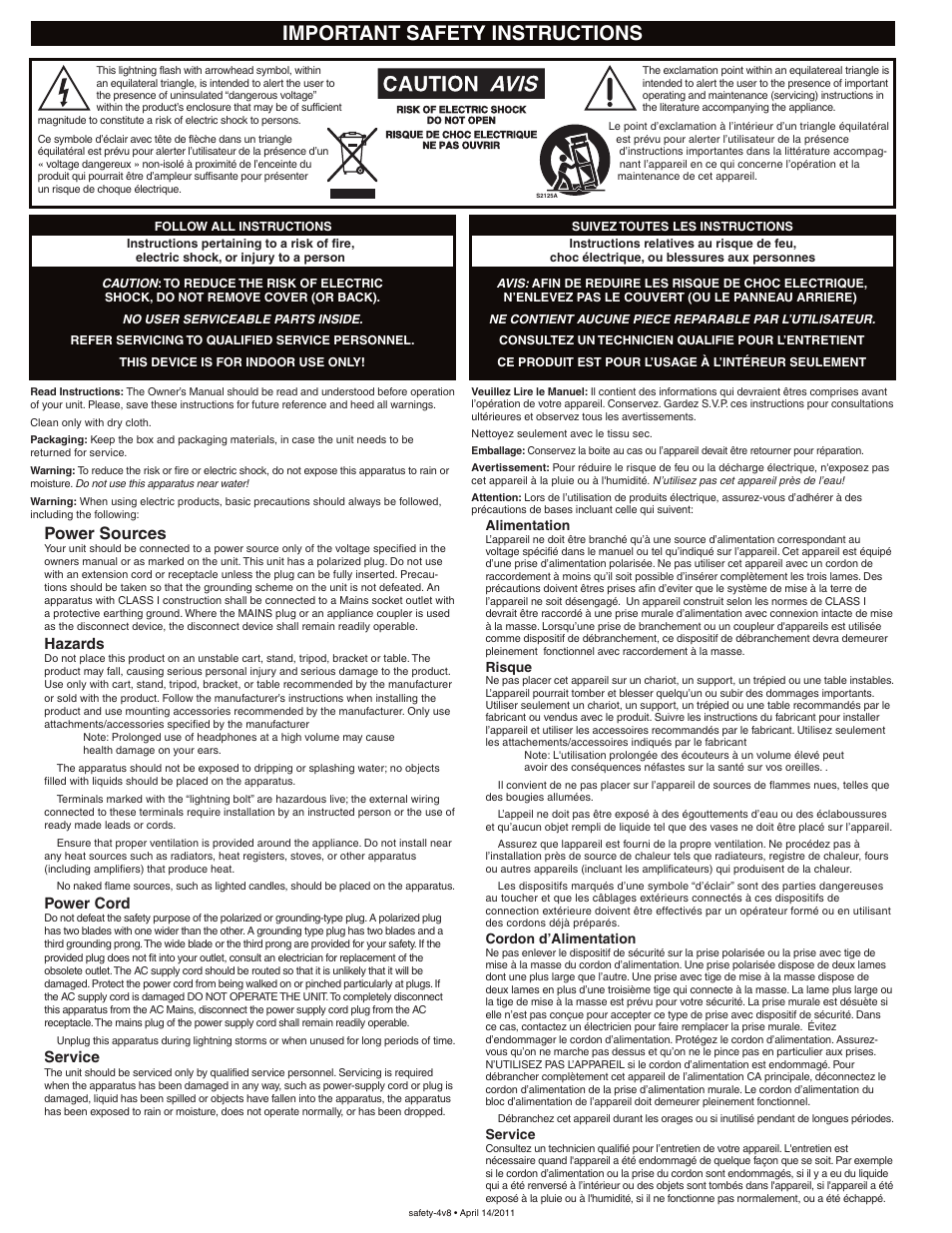Safety, Important safety instructions, Power sources | Hazards, Power cord, Service | Yorkville TX8 User Manual | Page 2 / 8