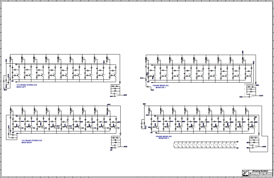 Schematic-m1121-pm16-2-pm22-2-master 2/2, Drawing number, 1/2 9 band stereo eq main right | 1/2 9 band stereo eq main left, 9 band mono eq monitor 1 9 band mono eq monitor 2 | Yorkville PowerMAX22-2 User Manual | Page 21 / 49