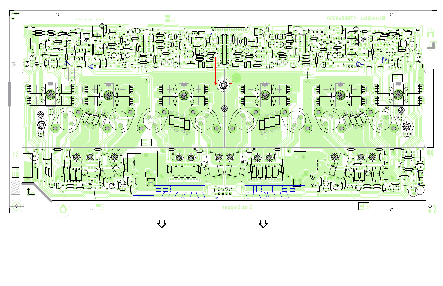 Layout-m1124-pm16-2-pm22-2-pwramp 1/3, No rtv under resistors or relays, Heatsink covers this area | See layout documentation, Wave solder, Clinch origin, Top assy m1124, V3.00, Gu id e etch, Guide etch | Yorkville PowerMAX22-2 User Manual | Page 30 / 49