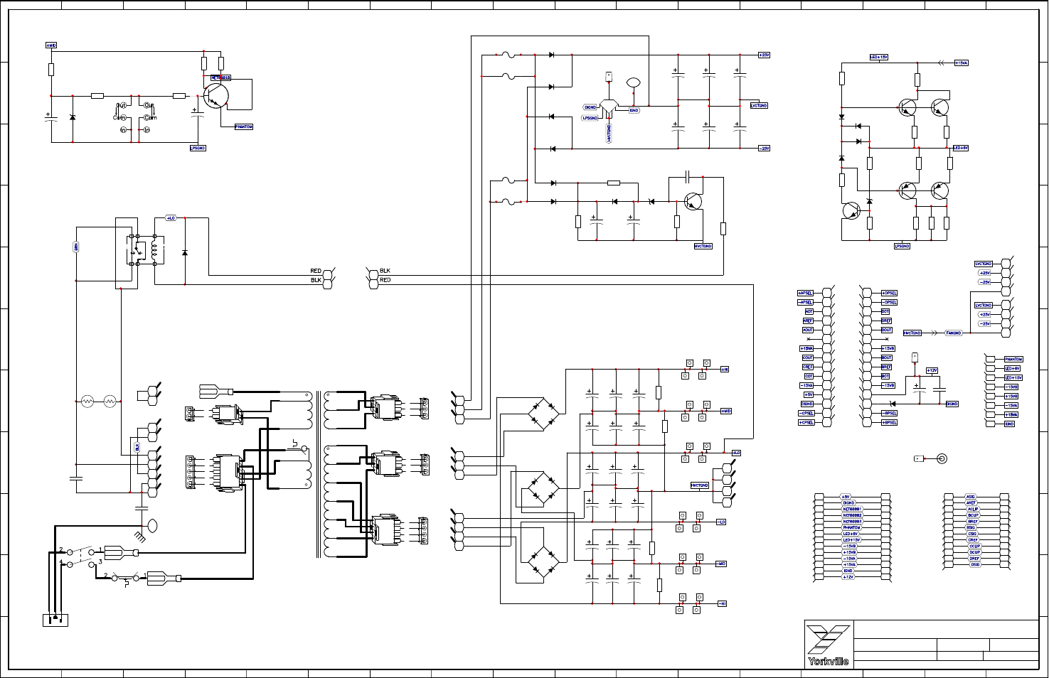 Schematic-m1386-pm16-2-pm22-2-pwrsupply 1/2, Ch1200u, Wht blk | Grn vio gry red yel red gry vio, Blk wht brn blu org red/yel, W12 w25, Iec_rect, Wht w20, Thermal breaker, Dpdt switch blk/yel | Yorkville PowerMAX22-2 User Manual | Page 34 / 49