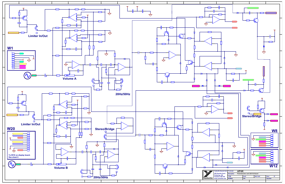 Schematic-m1575-ap4k-interface 1/5, Volume b, 20hz/50hz | Limiter in/out, Stereo/bridge, Volume a, Ap4k | Yorkville AP4K User Manual | Page 17 / 24