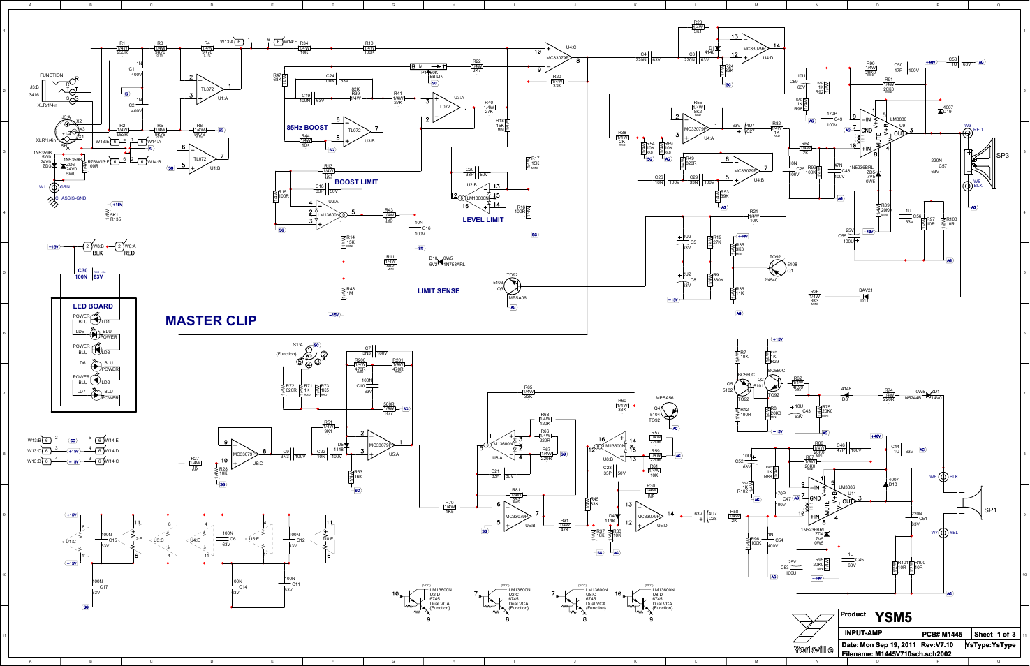 Schematic-m1445 1/2, Ysm5, Master clip | Level limit, 85hz boost, Limit sense, Led board, Boost limit | Yorkville YSM5 User Manual | Page 5 / 8