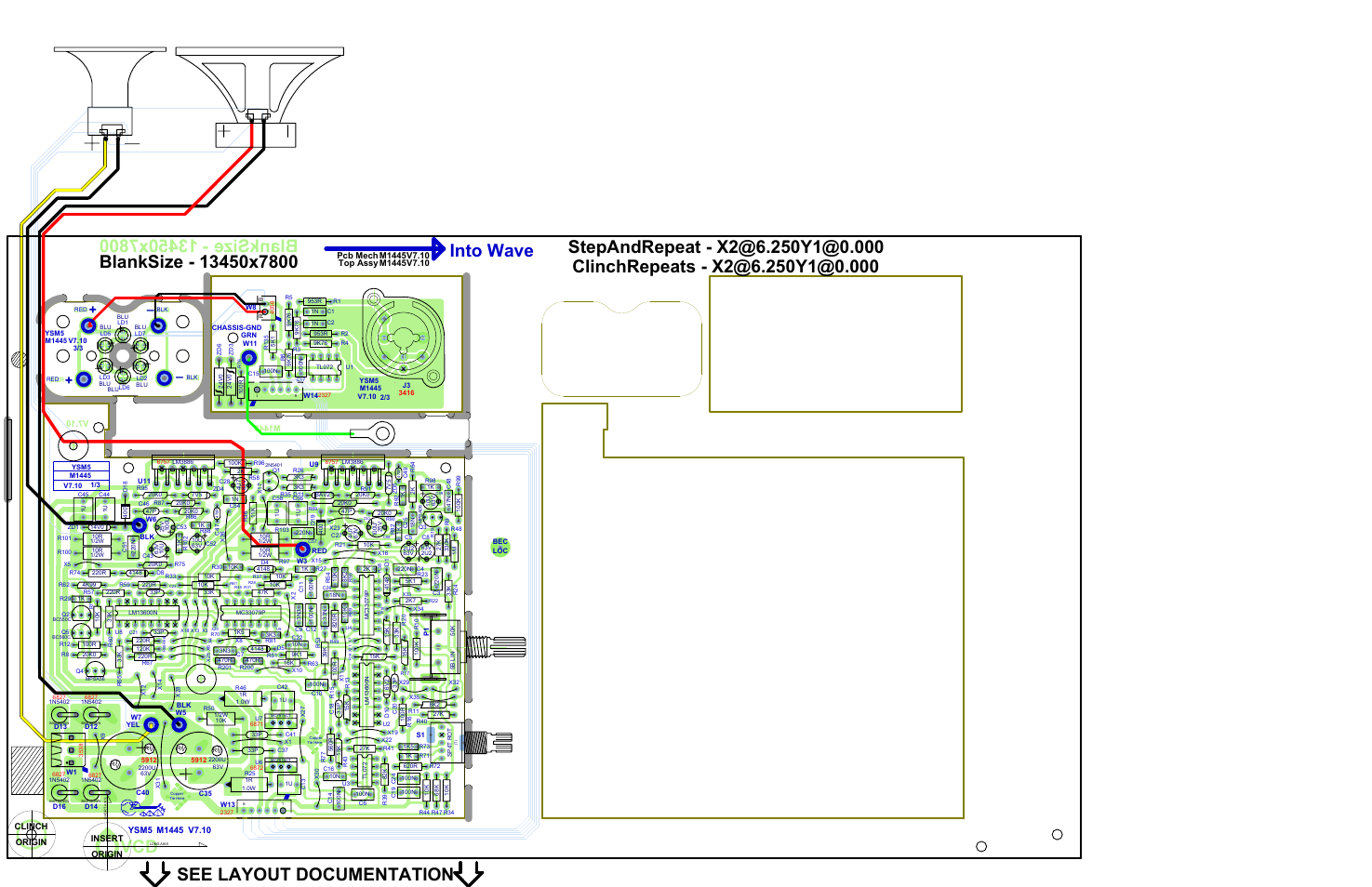 Layout-m1445 1/2, See layout documentation, Into wave | Clinch origin, Ysm5, V7.10, M1445 | Yorkville YSM5 User Manual | Page 7 / 8