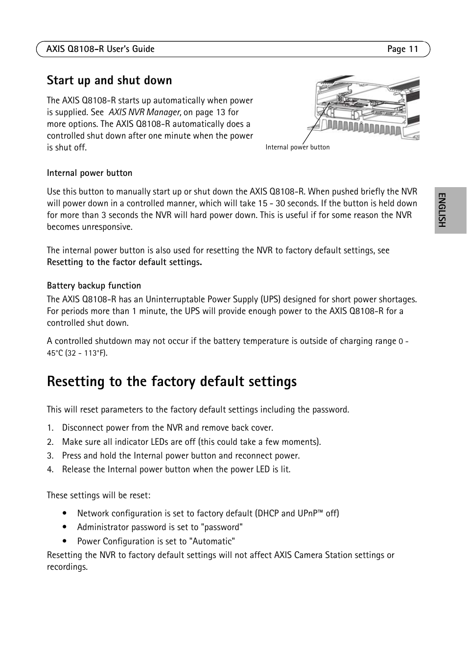 Resetting to the factory default settings, Start up and shut down | Axis Communications Q8108-R User Manual | Page 11 / 18