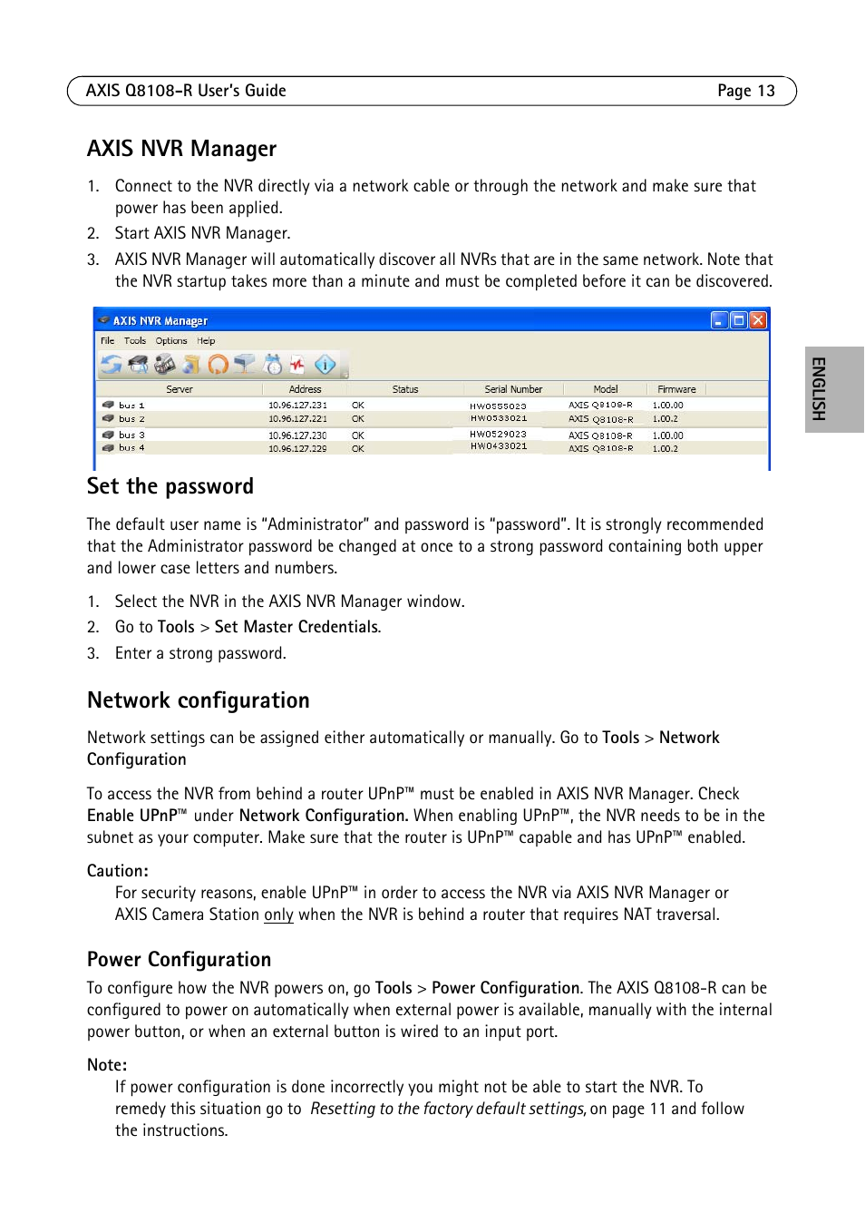 Axis nvr manager, Set the password, Network configuration | Axis Communications Q8108-R User Manual | Page 13 / 18