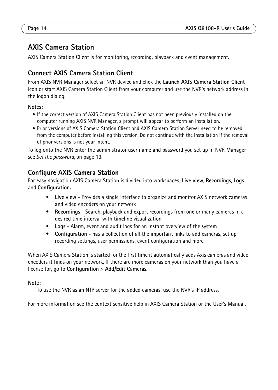 Axis camera station, Connect axis camera station client, Configure axis camera station | Axis Communications Q8108-R User Manual | Page 14 / 18