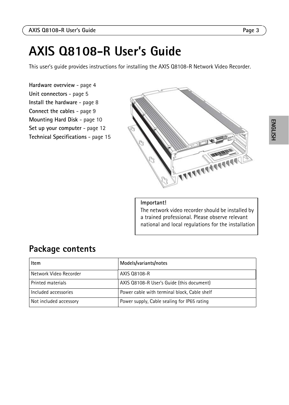 Axis q8108-r user’s guide, Package contents | Axis Communications Q8108-R User Manual | Page 3 / 18