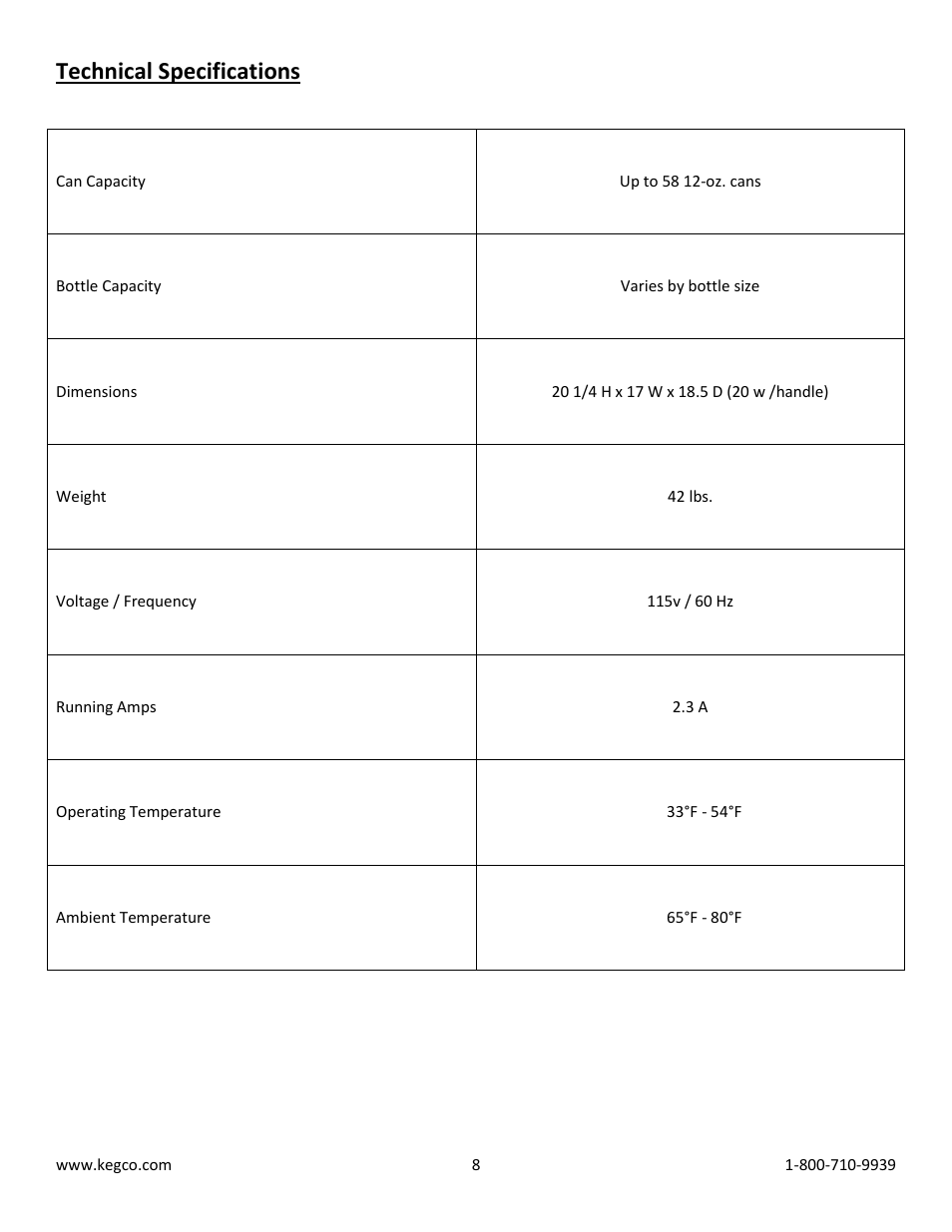 Technical specifications | Kegco CBC-101-SSC User Manual | Page 8 / 9