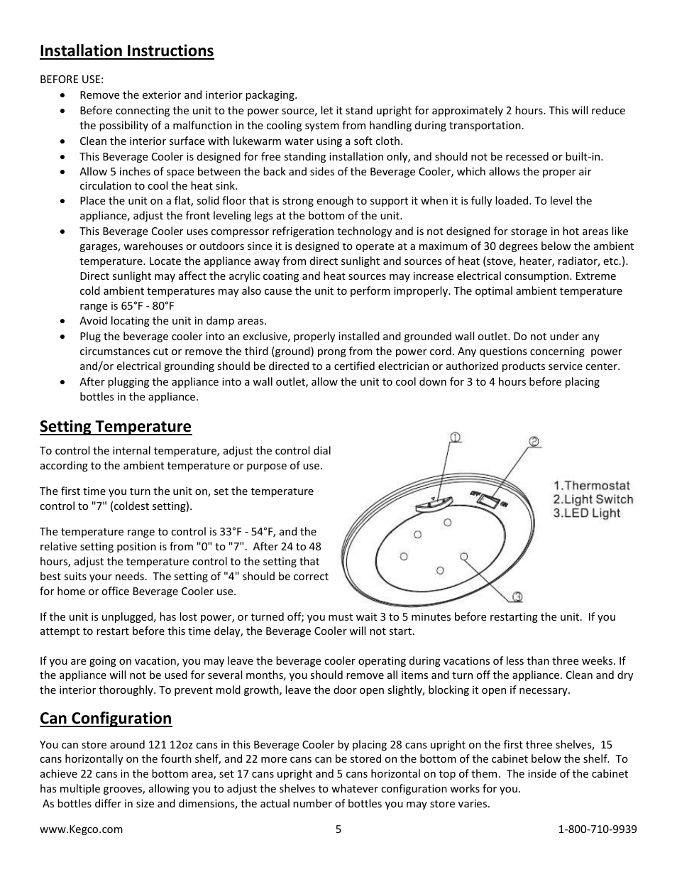 Installation instructions, Setting temperature, Can configuration | Kegco CBC-303-SSC User Manual | Page 5 / 9