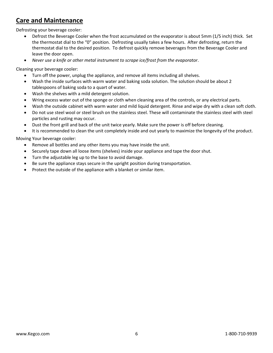 Care and maintenance | Kegco CBC-303-SSC User Manual | Page 6 / 9
