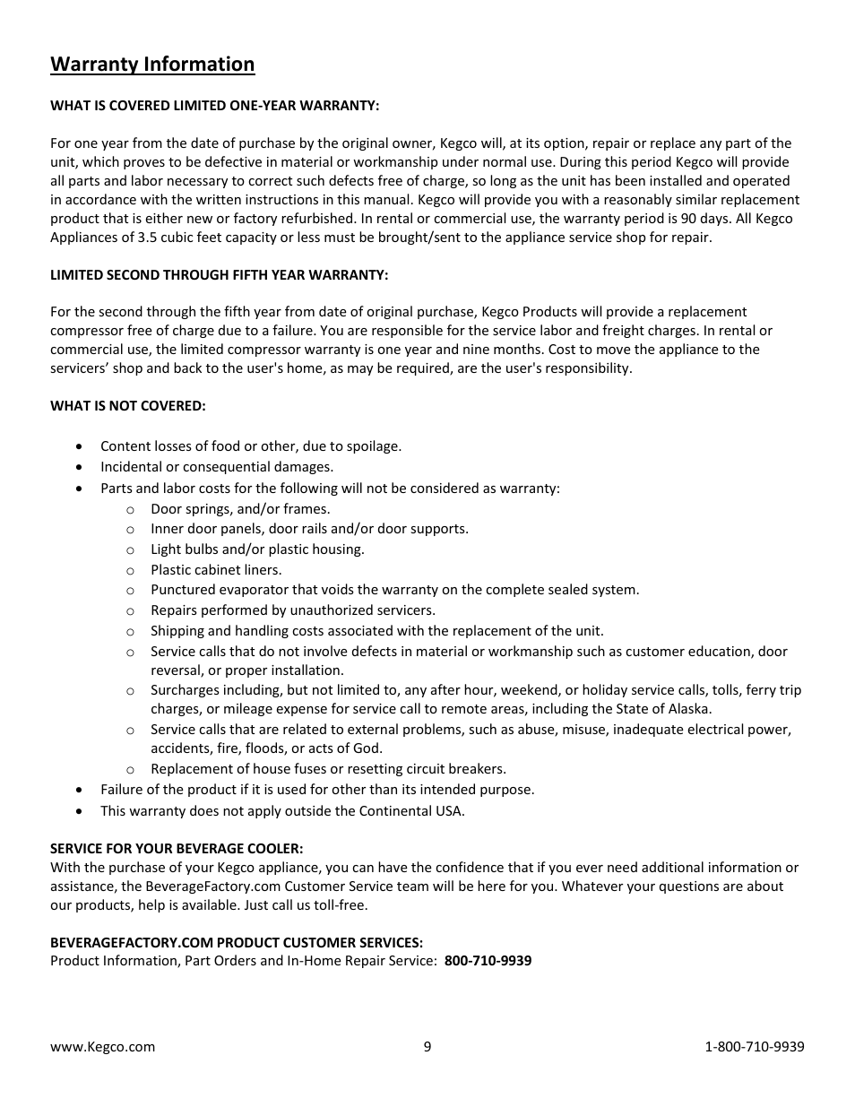 Warranty information | Kegco CBC-303-SSC User Manual | Page 9 / 9
