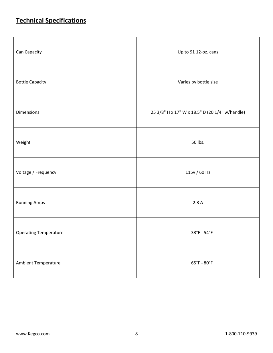 Technical specifications | Kegco CBC-202-SSC User Manual | Page 8 / 9