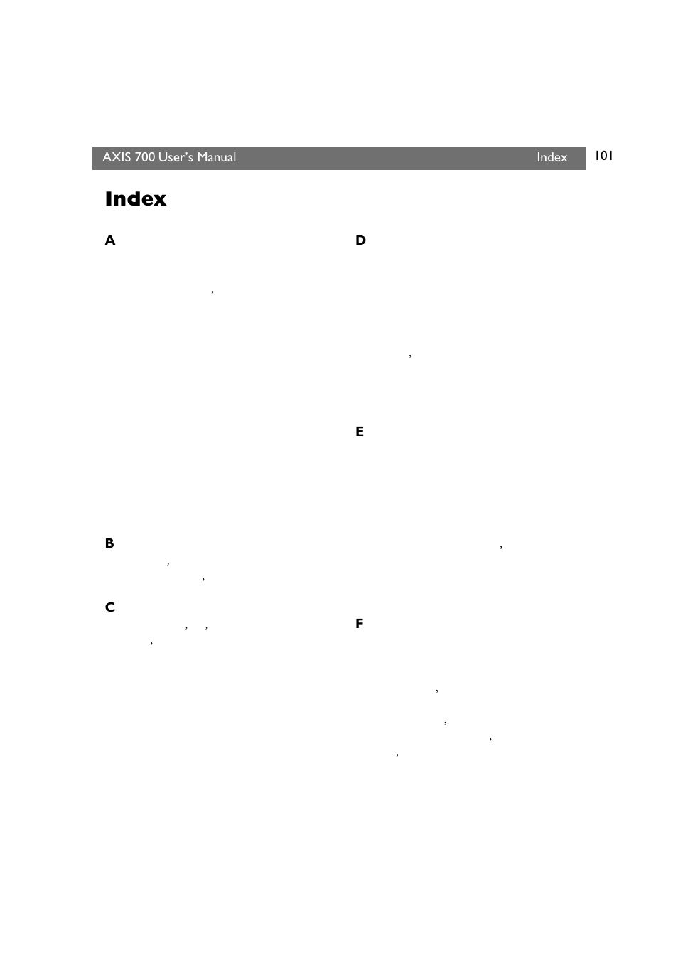 Index | Axis Communications Axis Network Scan Server 700 User Manual | Page 102 / 104