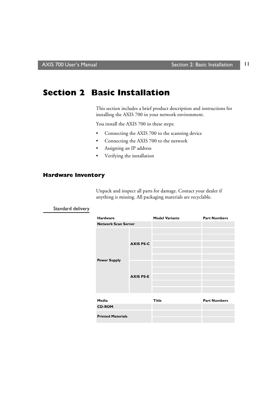 Section 2 basic installation, Hardware inventory, Section 2 | Axis 700 | Axis Communications Axis Network Scan Server 700 User Manual | Page 12 / 104