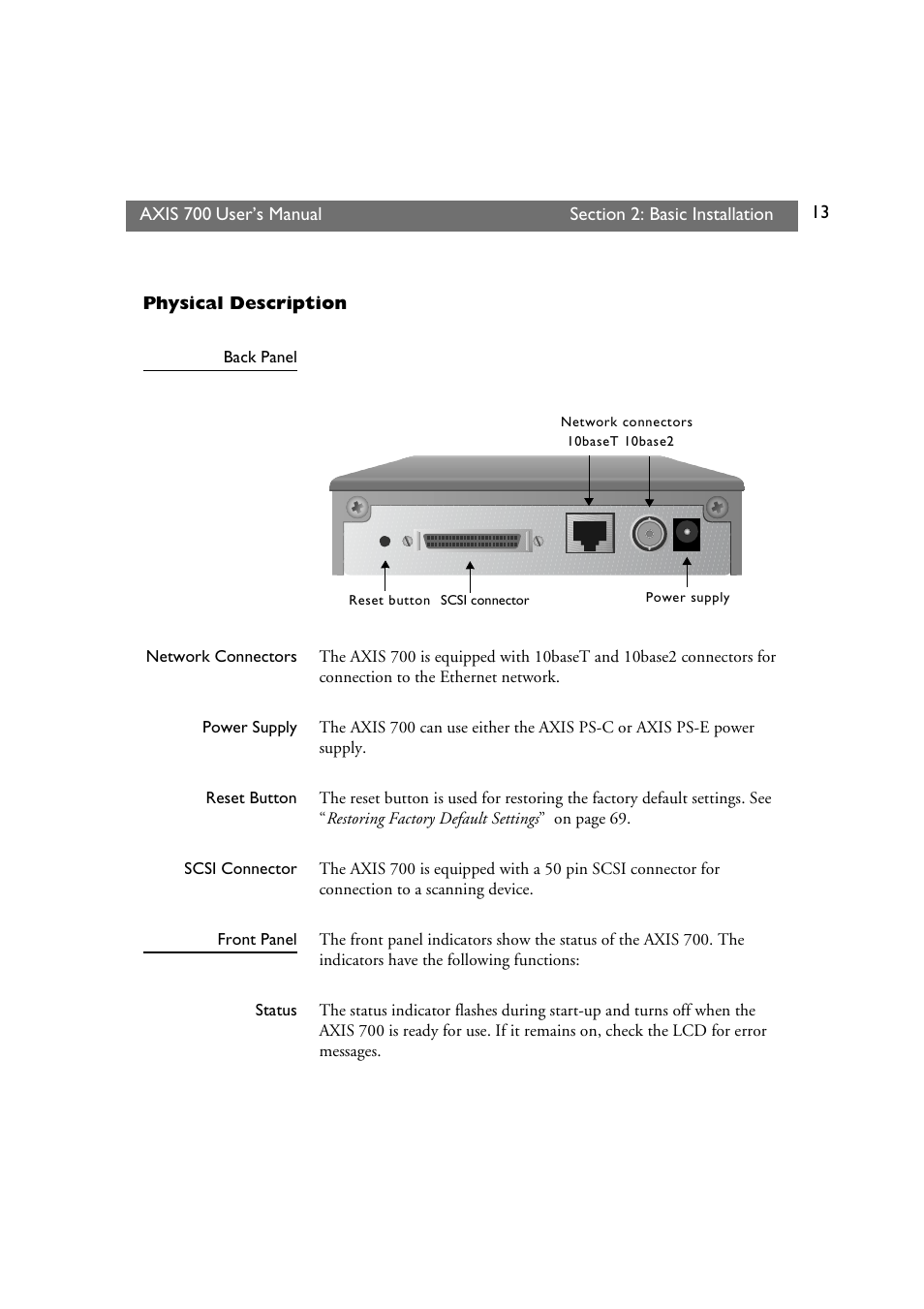 Physical description | Axis Communications Axis Network Scan Server 700 User Manual | Page 14 / 104