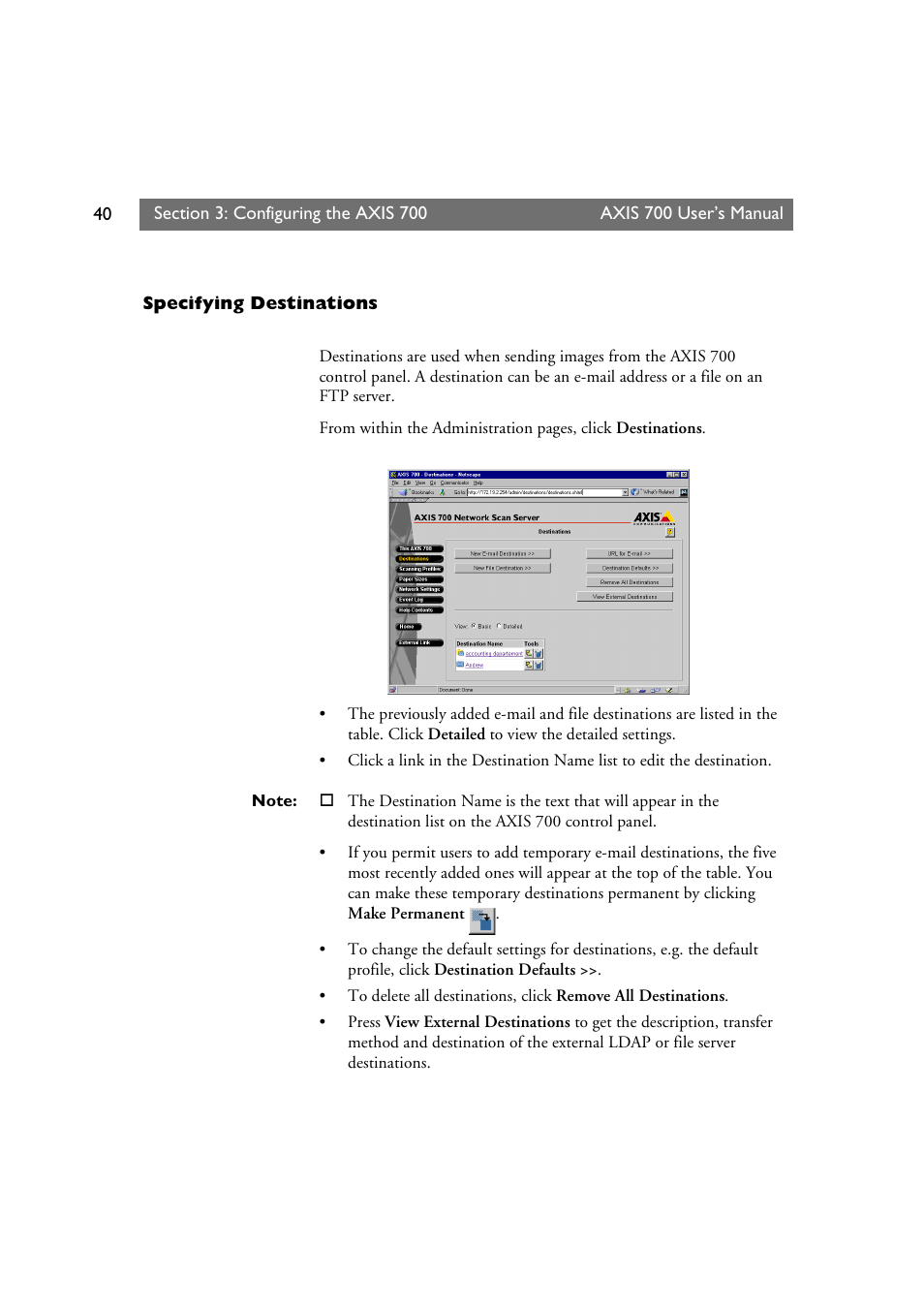 Specifying destinations | Axis Communications Axis Network Scan Server 700 User Manual | Page 41 / 104