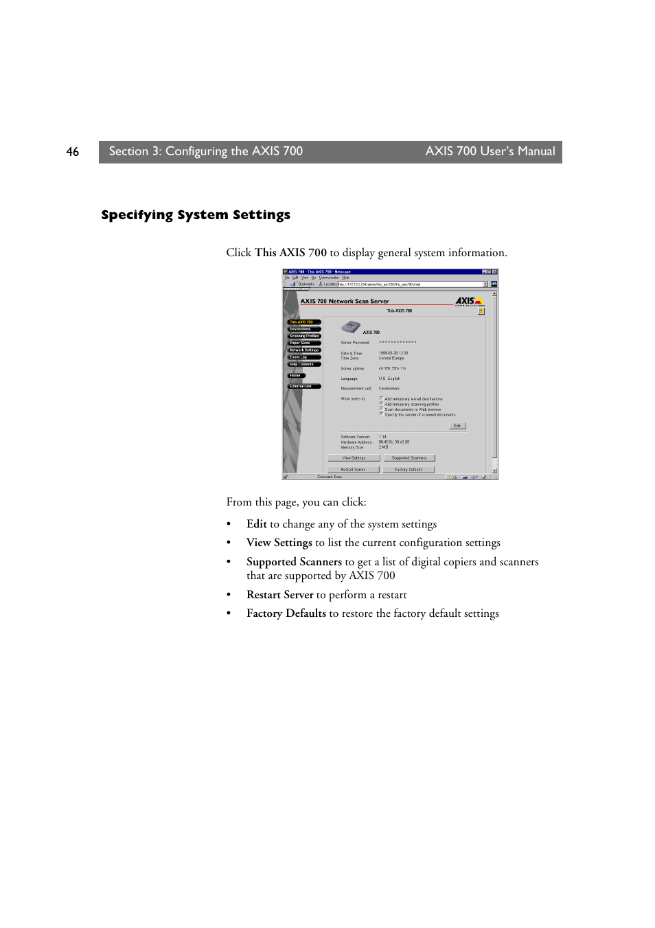 Specifying system settings | Axis Communications Axis Network Scan Server 700 User Manual | Page 47 / 104