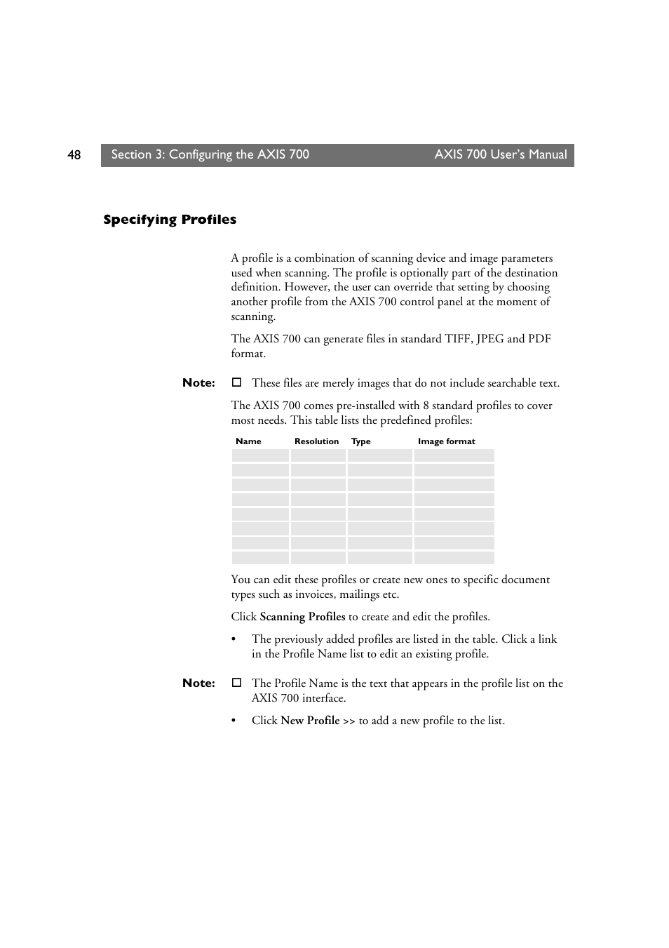 Specifying profiles, Axis 700 user’s manual | Axis Communications Axis Network Scan Server 700 User Manual | Page 49 / 104