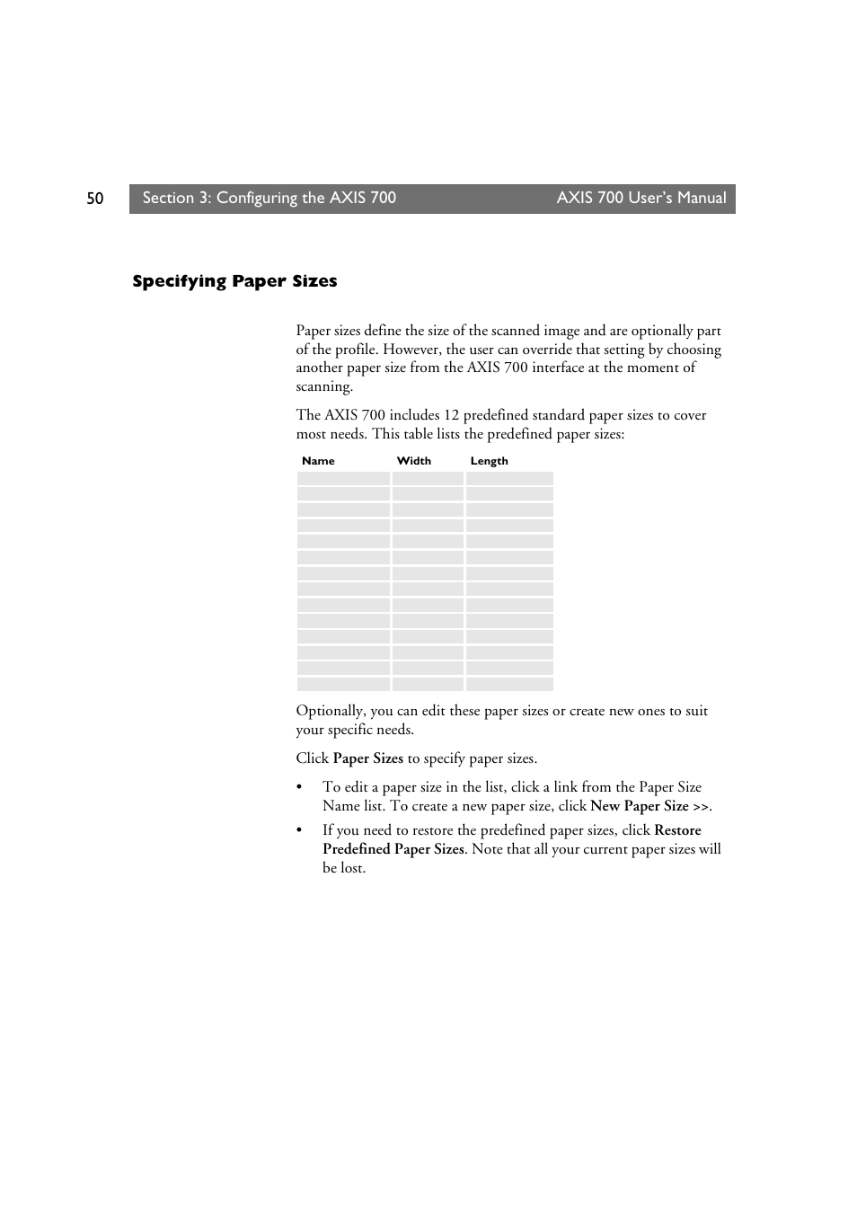 Specifying paper sizes, Axis 700 user’s manual | Axis Communications Axis Network Scan Server 700 User Manual | Page 51 / 104