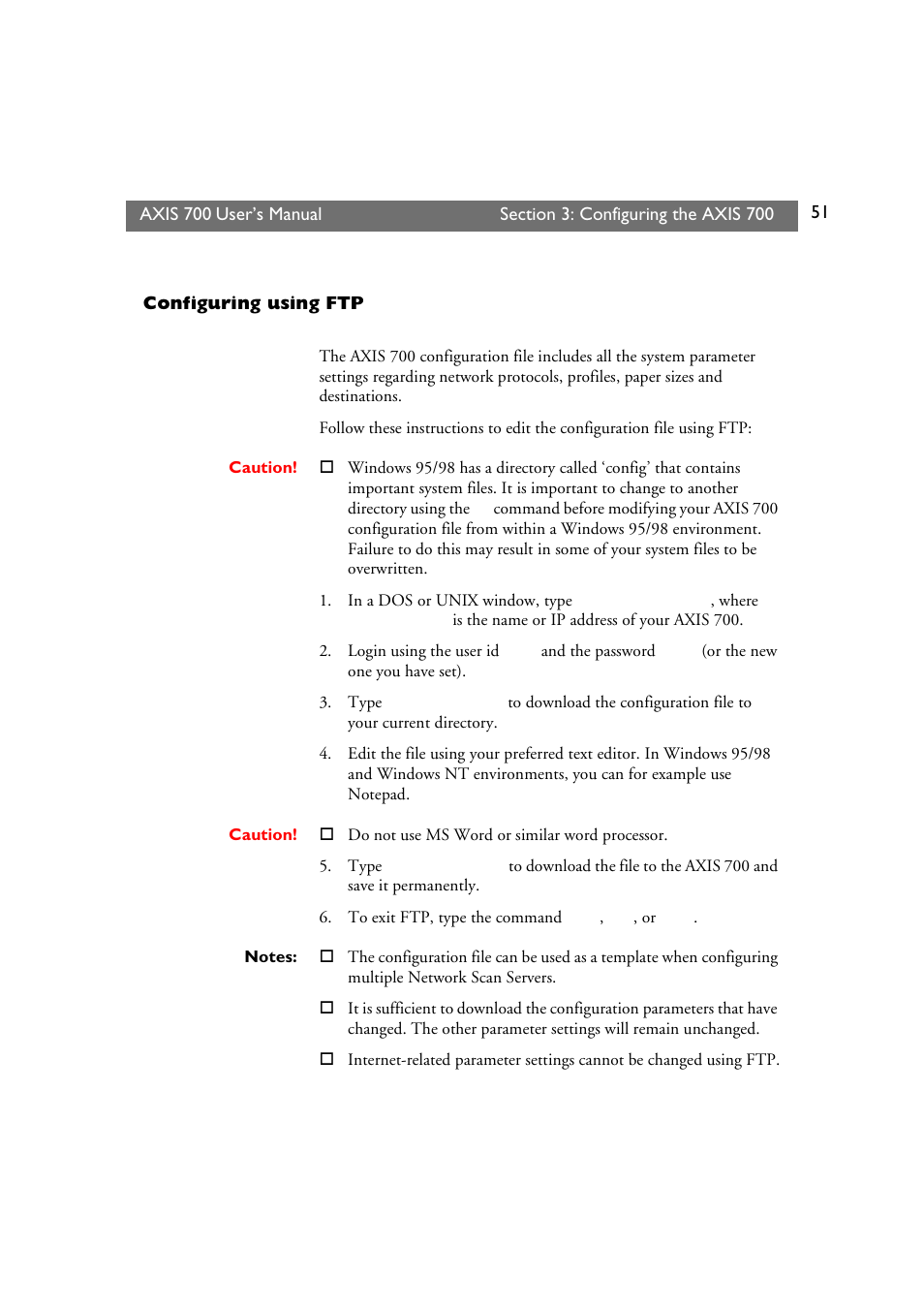 Configuring using ftp | Axis Communications Axis Network Scan Server 700 User Manual | Page 52 / 104