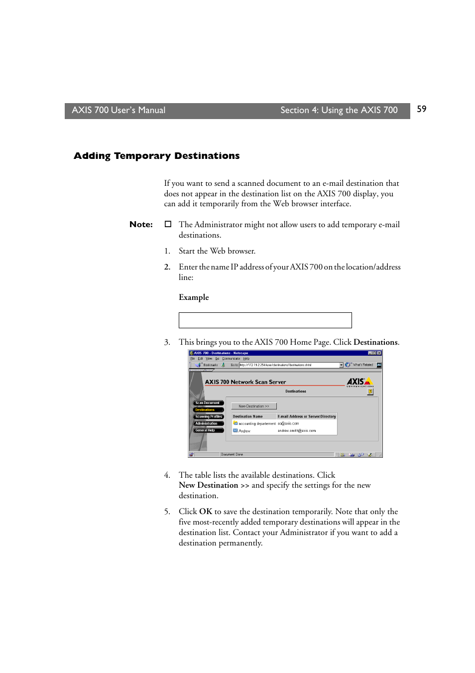 Adding temporary destinations | Axis Communications Axis Network Scan Server 700 User Manual | Page 60 / 104