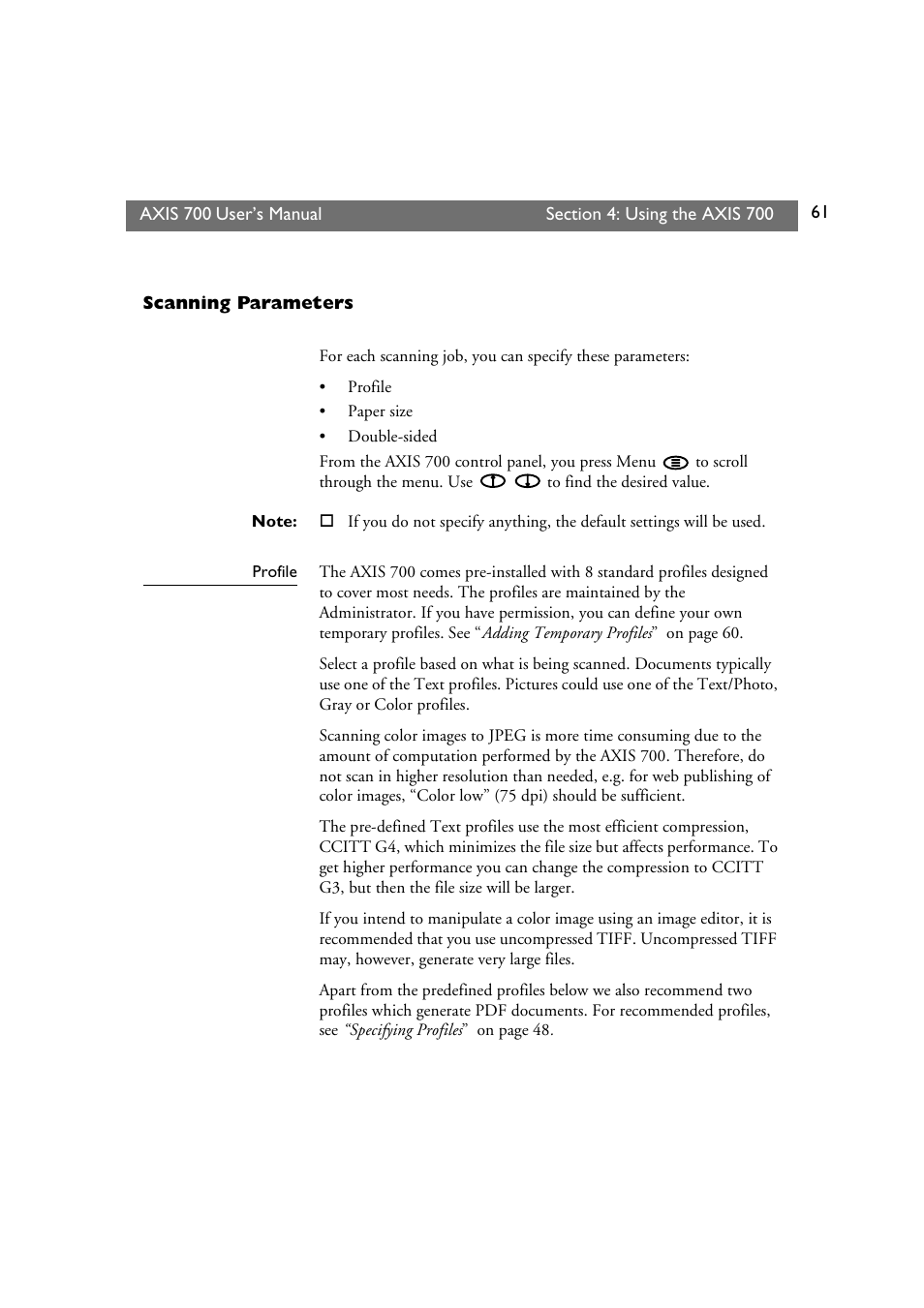 Scanning parameters | Axis Communications Axis Network Scan Server 700 User Manual | Page 62 / 104