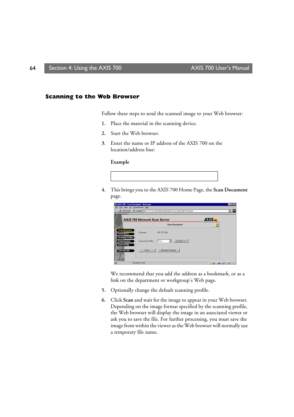 Scanning to the web browser | Axis Communications Axis Network Scan Server 700 User Manual | Page 65 / 104