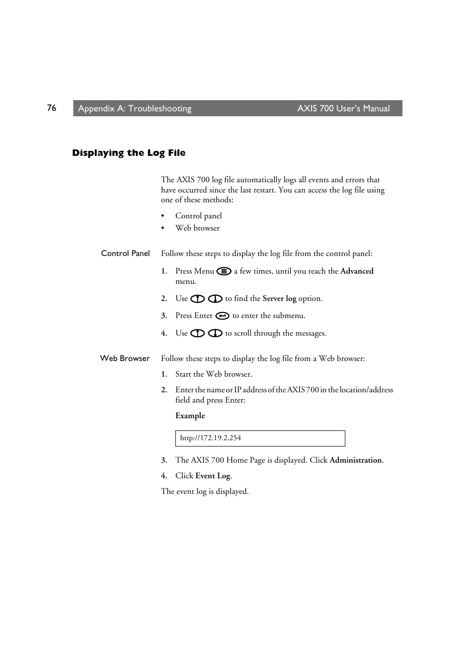 Displaying the log file | Axis Communications Axis Network Scan Server 700 User Manual | Page 77 / 104