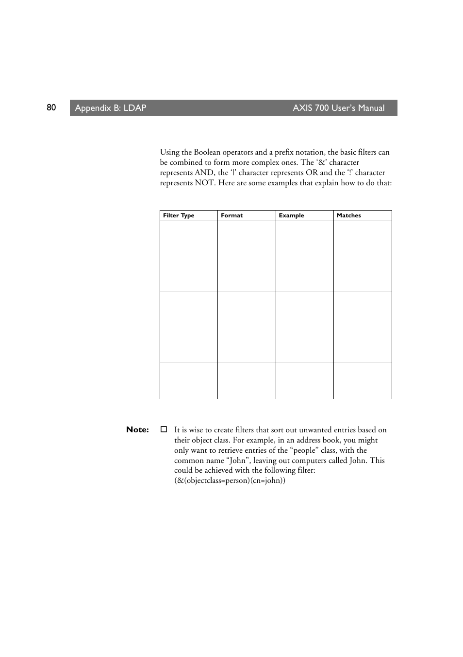 Appendix b: ldap axis 700 user’s manual | Axis Communications Axis Network Scan Server 700 User Manual | Page 81 / 104