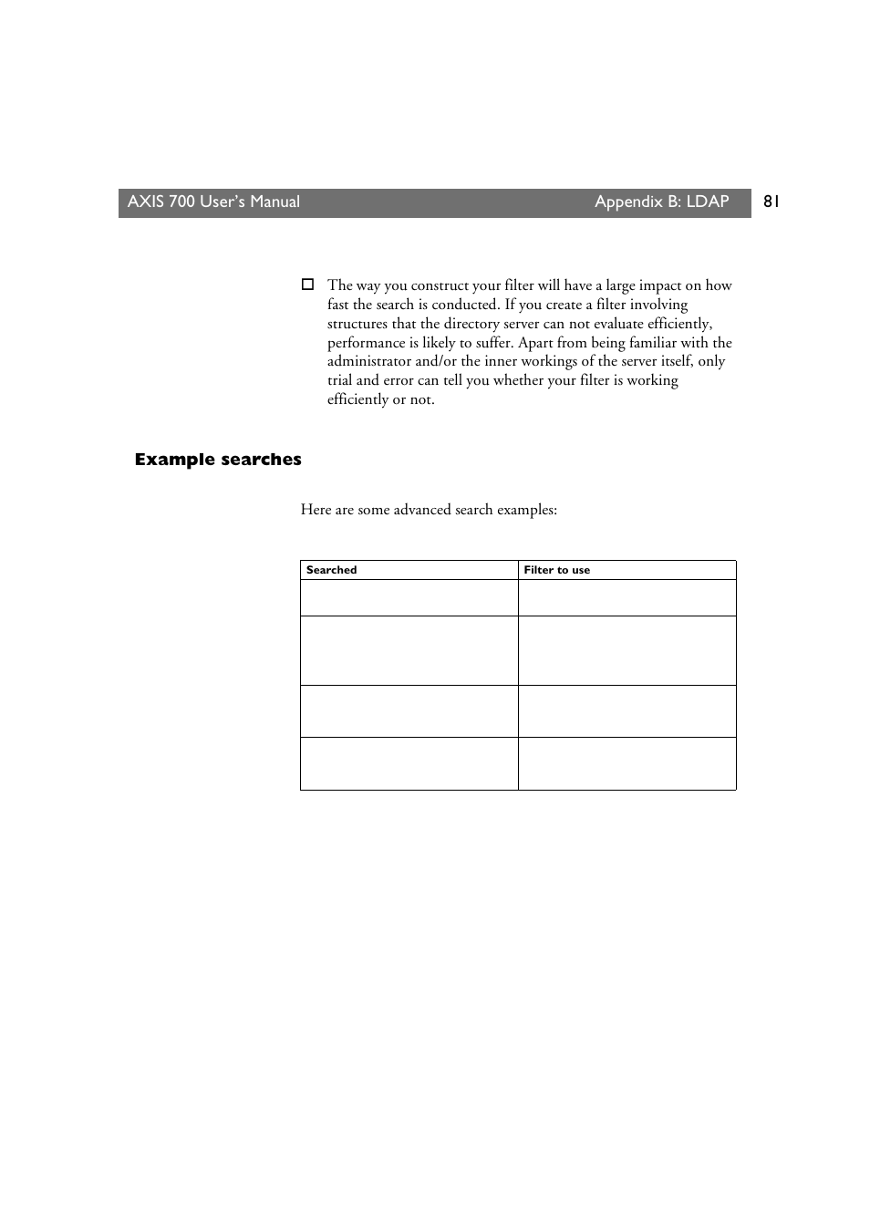 Example searches, Axis 700 user’s manual appendix b: ldap | Axis Communications Axis Network Scan Server 700 User Manual | Page 82 / 104