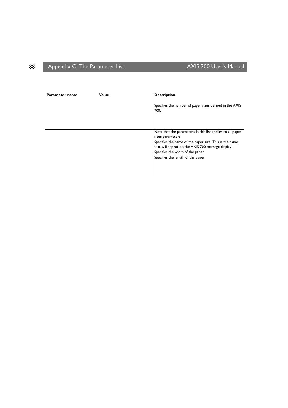 Appendix c: the parameter list, Axis 700 user’s manual | Axis Communications Axis Network Scan Server 700 User Manual | Page 89 / 104