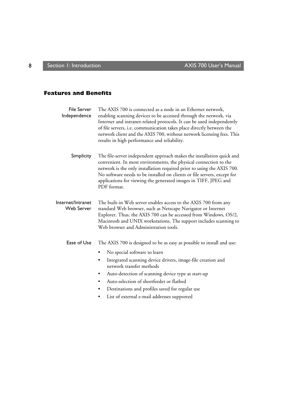 Features and benefits | Axis Communications Axis Network Scan Server 700 User Manual | Page 9 / 104