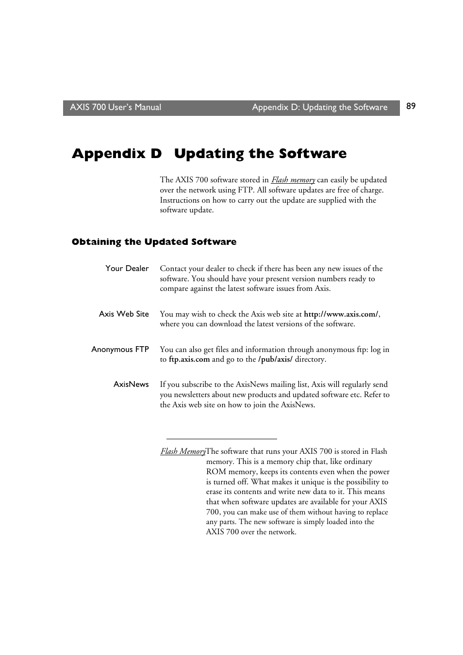 Appendix d updating the software, Obtaining the updated software, Appendix d | Updating the software | Axis Communications Axis Network Scan Server 700 User Manual | Page 90 / 104