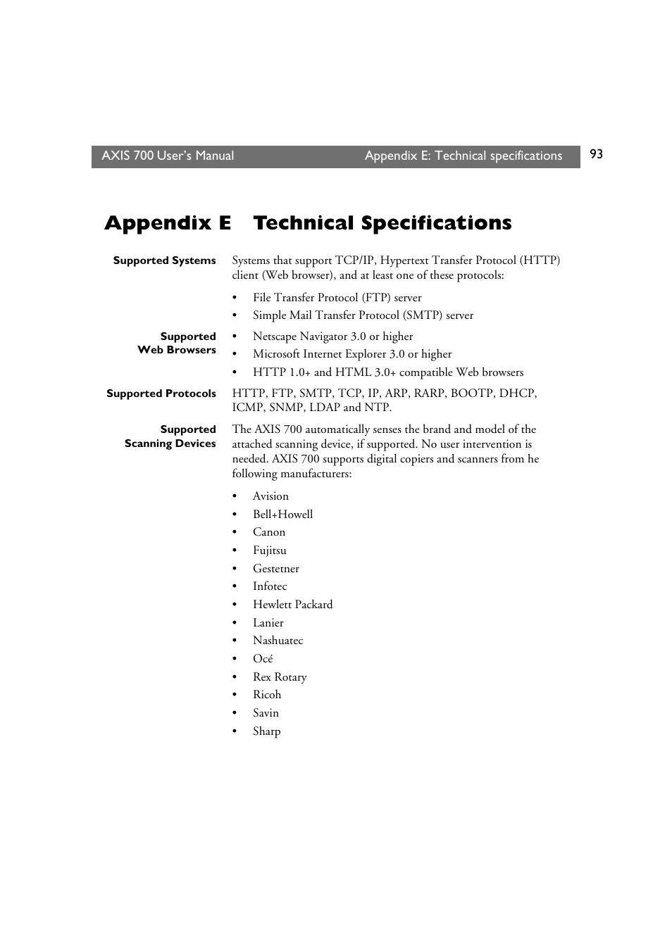 Appendix e technical specifications, Appendix e, Technical specifications | Axis Communications Axis Network Scan Server 700 User Manual | Page 94 / 104