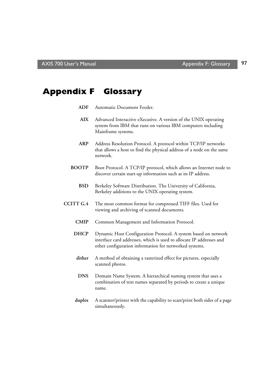 Appendix f glossary, Appendix f, Glossary | Axis Communications Axis Network Scan Server 700 User Manual | Page 98 / 104