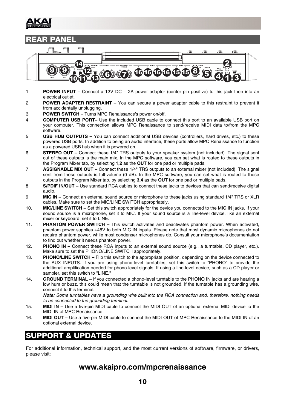 Rear panel, Support & updates | Akai MPC-Renaissance User Manual | Page 10 / 50