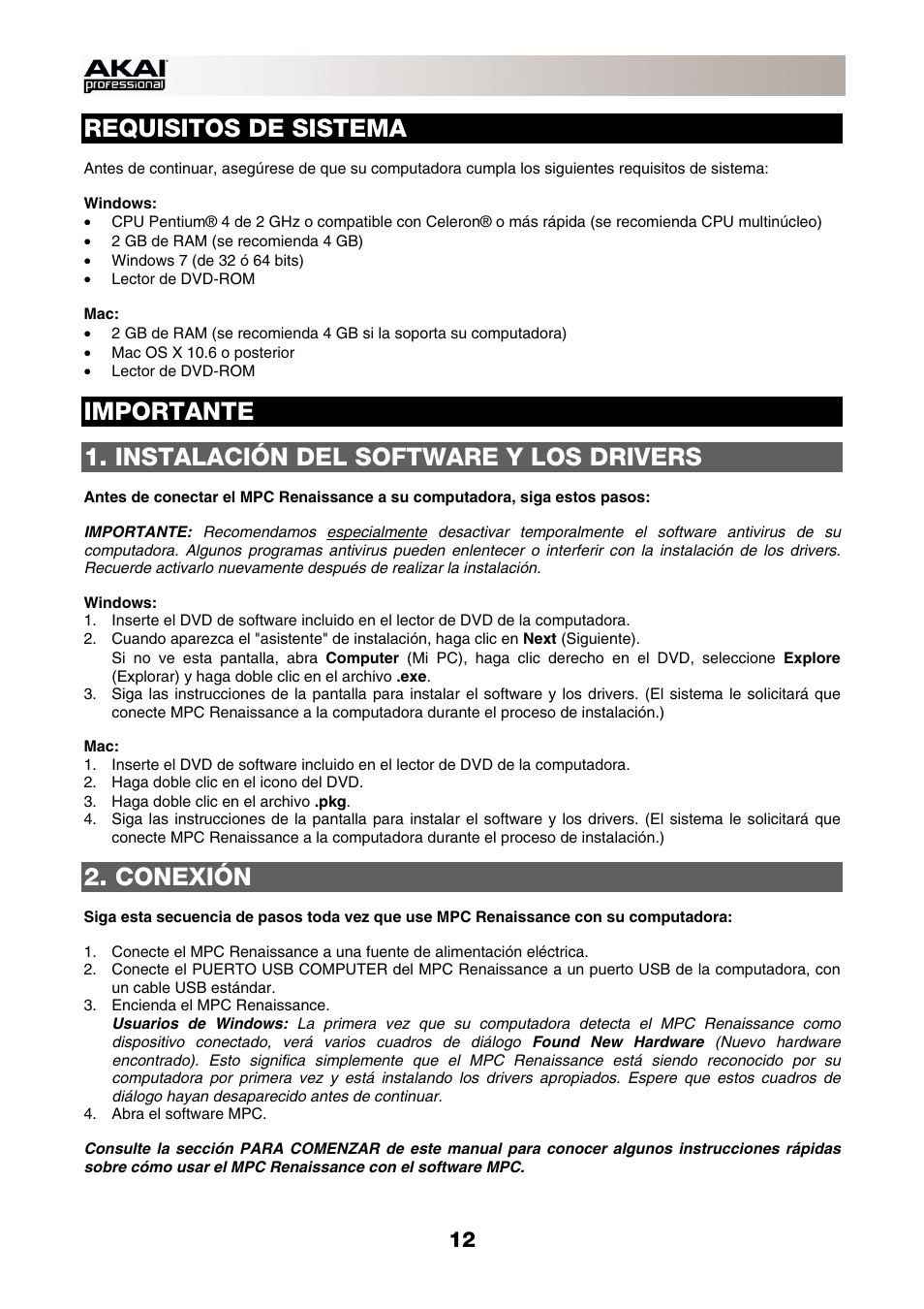 Requisitos de sistema, Importante, Instalación del software y los drivers | Conexión | Akai MPC-Renaissance User Manual | Page 12 / 50