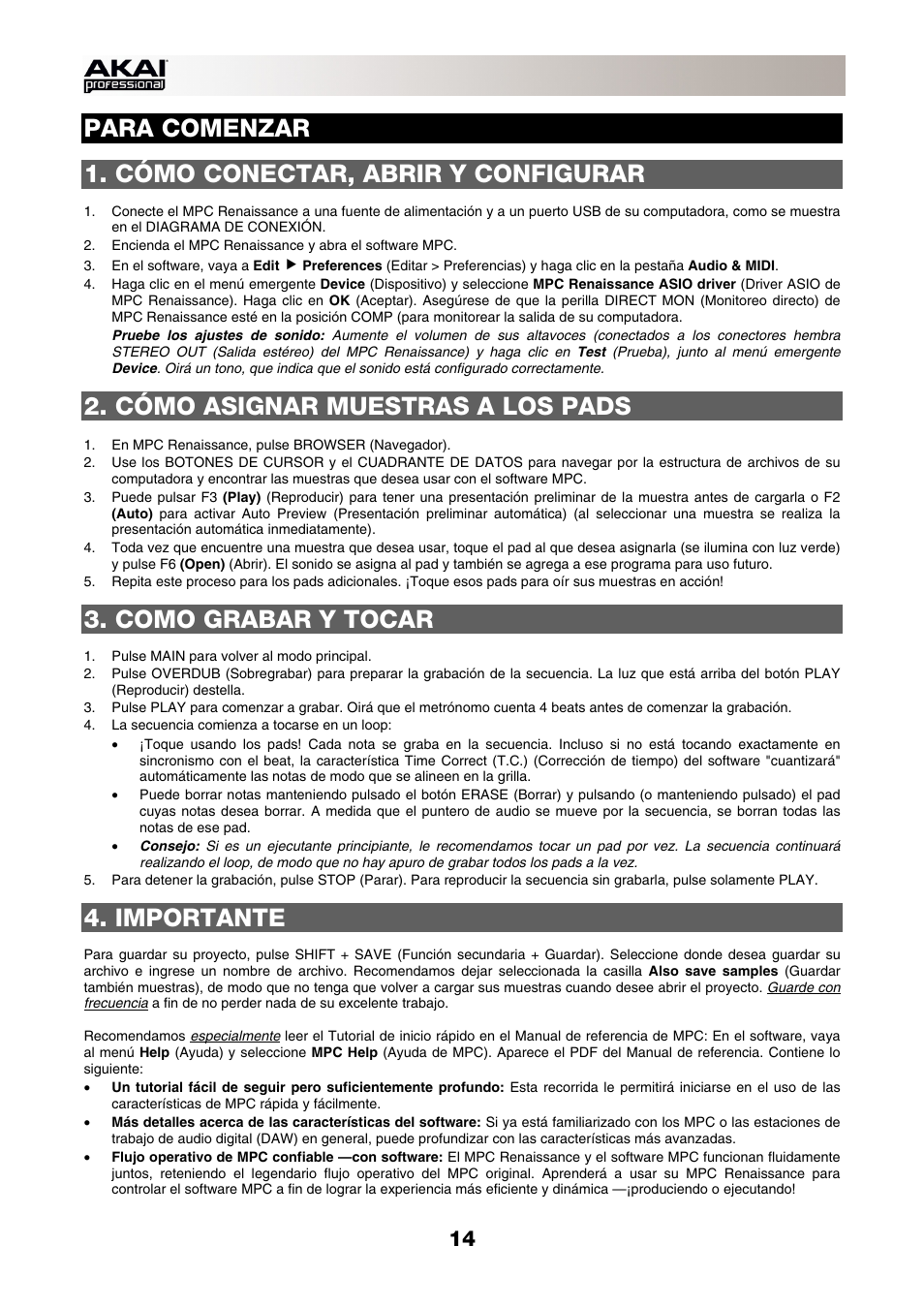 Para comenzar, Cómo conectar, abrir y configurar, Cómo asignar muestras a los pads | Como grabar y tocar, Importante | Akai MPC-Renaissance User Manual | Page 14 / 50