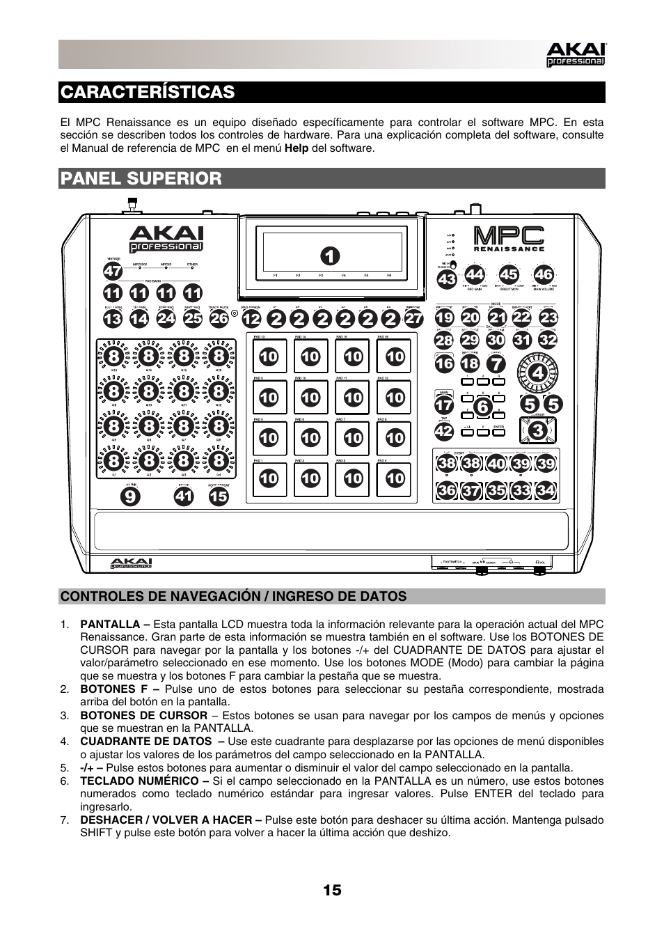 Características, Panel superior, Controles de navegación / ingreso de datos | Akai MPC-Renaissance User Manual | Page 15 / 50