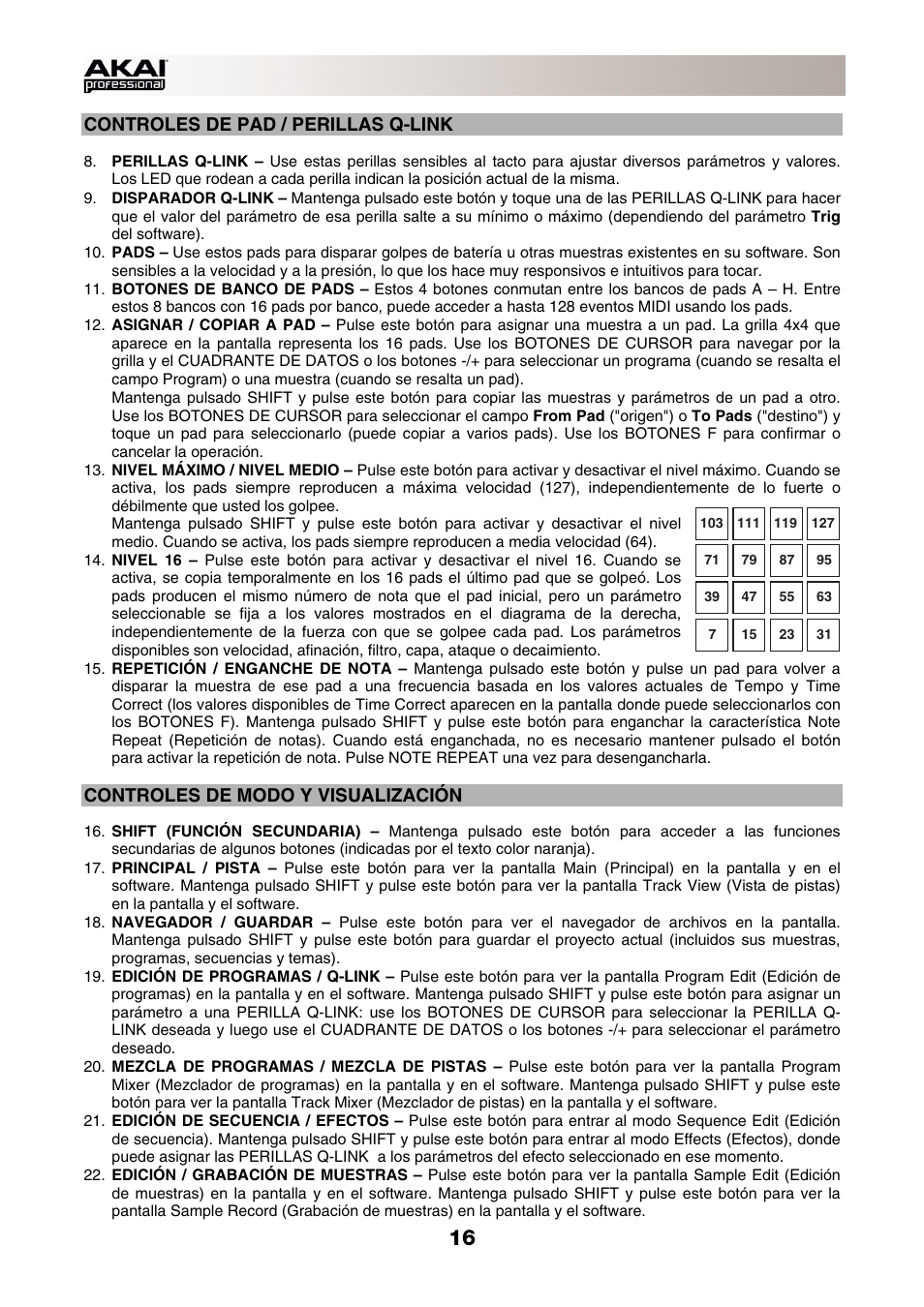 Controles de pad / perillas q-link, Controles de modo y visualización | Akai MPC-Renaissance User Manual | Page 16 / 50