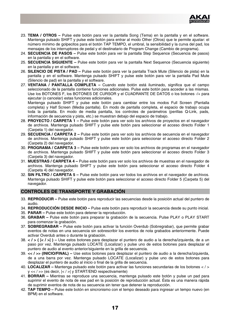 Controles de transporte y grabación | Akai MPC-Renaissance User Manual | Page 17 / 50