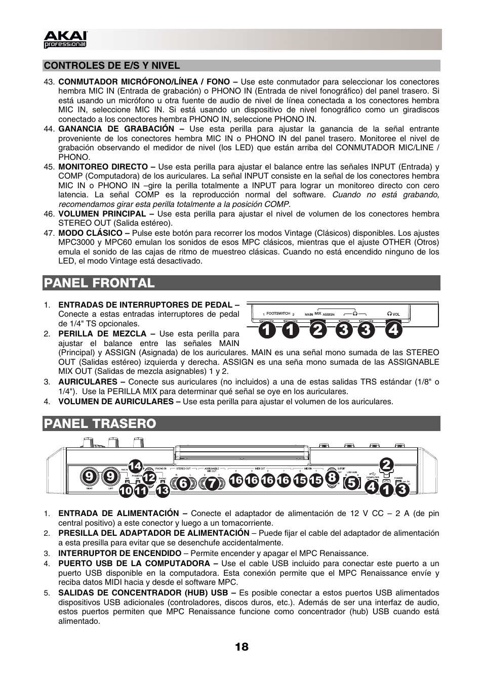 Controles de e/s y nivel, Panel frontal, Panel trasero | Akai MPC-Renaissance User Manual | Page 18 / 50