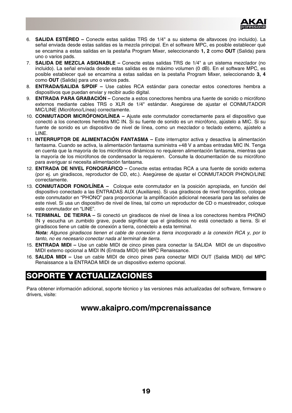 Soporte y actualizaciones | Akai MPC-Renaissance User Manual | Page 19 / 50