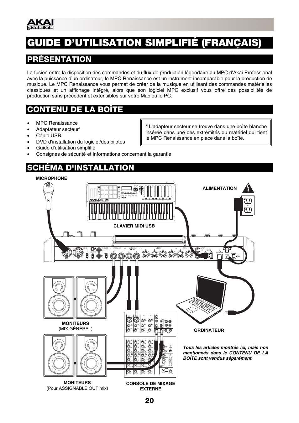 Français, Présentation, Contenu de la boîte | Schéma d'installation, Guide d’utilisation simplifié (français) | Akai MPC-Renaissance User Manual | Page 20 / 50