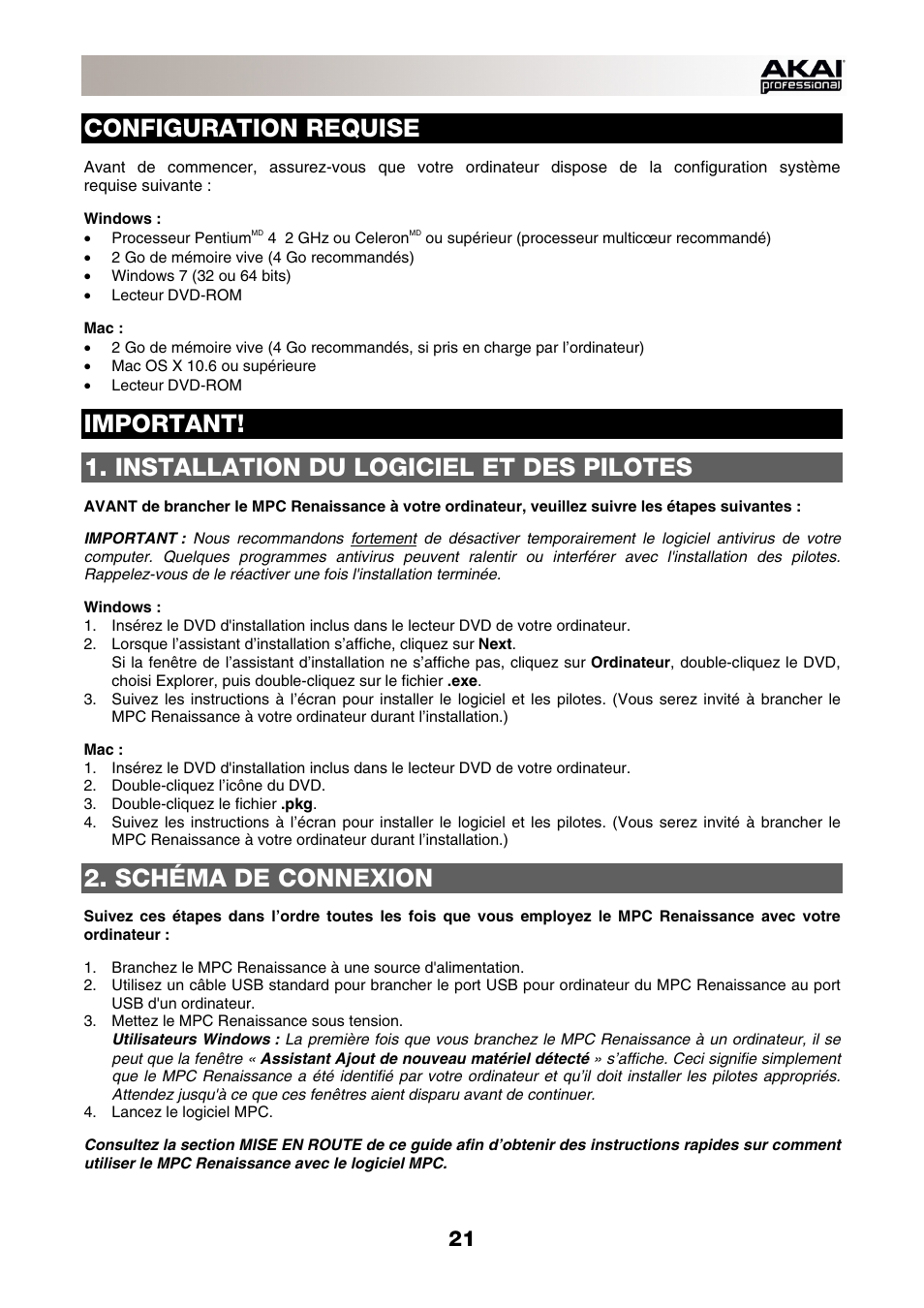 Configuration requise, Important, Installation du logiciel et des pilotes | Schéma de connexion | Akai MPC-Renaissance User Manual | Page 21 / 50