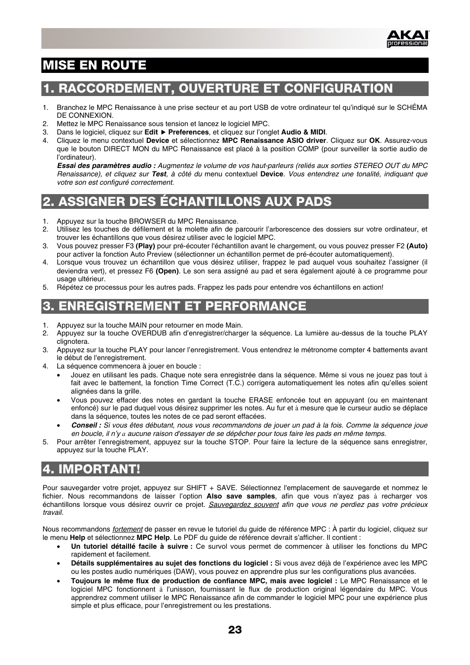 Mise en route, Raccordement, ouverture et configuration, Assigner des échantillons aux pads | Enregistrement et performance, Important | Akai MPC-Renaissance User Manual | Page 23 / 50