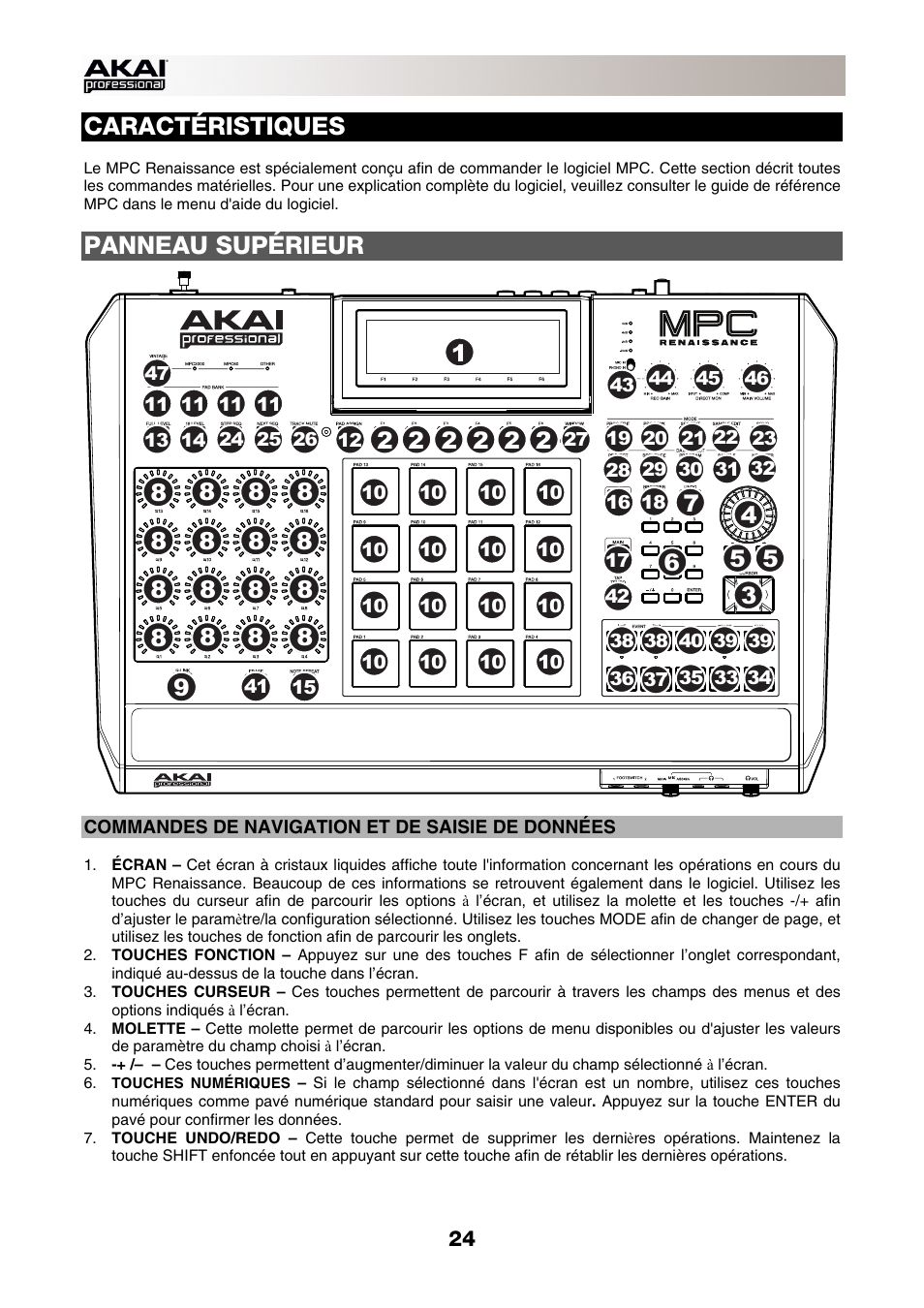 Caractéristiques, Panneau supérieur, Commandes de navigation et de saisie de données | Akai MPC-Renaissance User Manual | Page 24 / 50