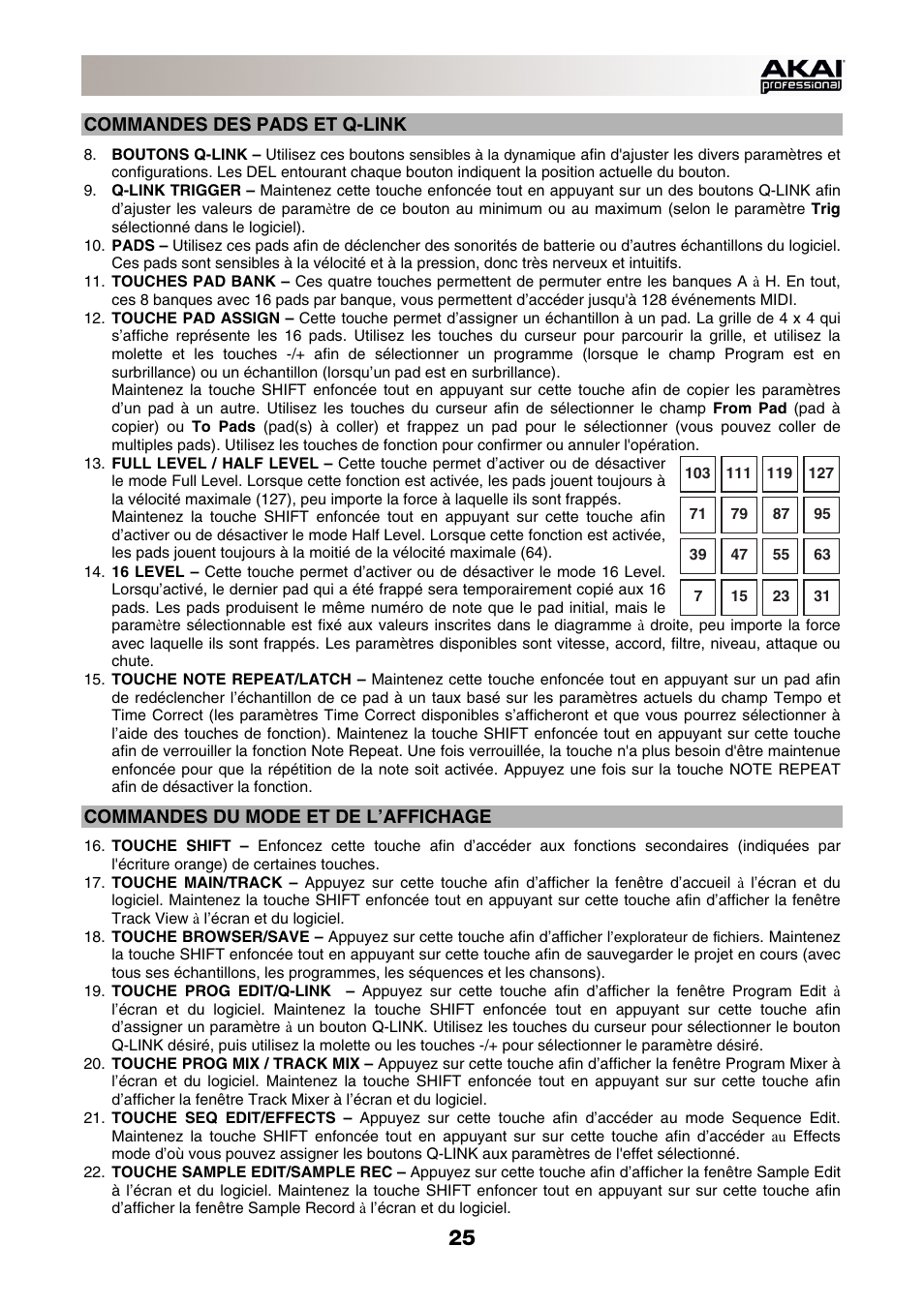 Commandes des pads et q-link, Commandes du mode et de l’affichage | Akai MPC-Renaissance User Manual | Page 25 / 50